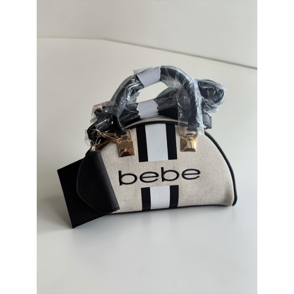 Bebe Paisley Small Canvas Bowler Bag Black Cream Crossbody Handbag NWT